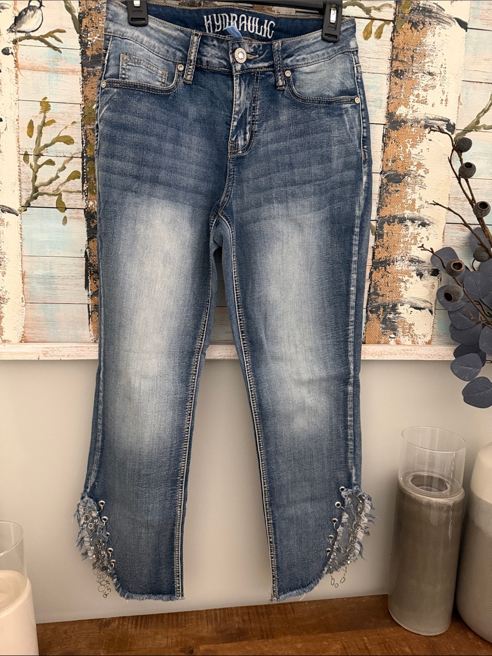 Hydraulic Blue Distressed Ankle Jeans with Metal Fringe Hem